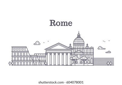 Italy rome architecture, europe skyline vector linear collection