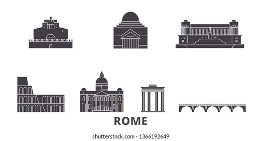 Italy, Rome City flat travel skyline set. Italy, Rome City black city vector illustration, symbol, travel sights, landmarks.