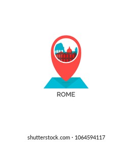 Italy Rome city skyline landscape silhouette vector logo icon. Cool urban map pin point geolocation horizon illustration concept