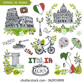 Italy Rome Famous landmarks with Spring wreath.Vector compositions,green leaves,flowers,bike,umbrella.Vintage hand drawn doodle  sketchy.Italian travel,hello.Coliseum,Vatican,food