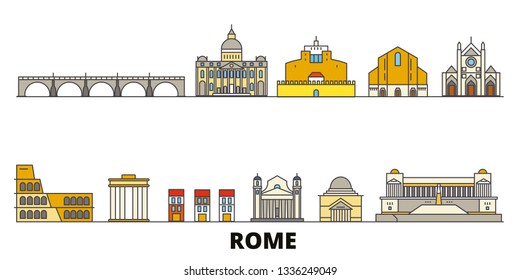 Italia, Roma monumentos emblemáticos ilustran vectores. Italia, Roma línea ciudad con lugares de interés turístico famosos, diseño. 