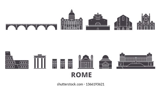 Italy, Rome flat travel skyline set. Italy, Rome black city vector illustration, symbol, travel sights, landmarks.