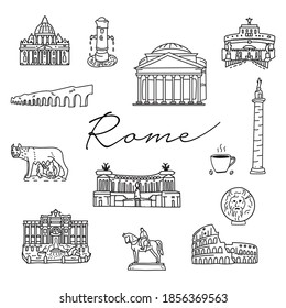 Italy Rome hand drawn doodle icons. travel architecture. Fountains, cathedrals. Italian symbols outline drawing clipart isolated on white background svg