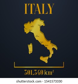 Italy, Rome, Milano, Sicilia, Sardinia golden 3d solid country outline silhouette, realistic piece of world map template, for infographic, vector illustration, isolated object, background. From set