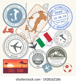 Italy and Rome travel stamps set, journey symbols and seals, Italy labels, vector