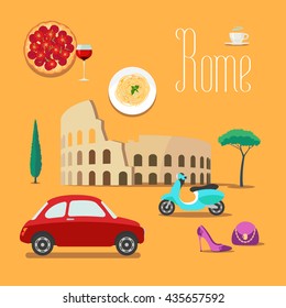 Italy and Rome vector illustration, design element, symbols, icons. Colosseum, scooter, pizza. Explore Rome concept image