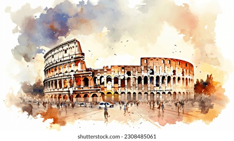 italia, acuarela de roma, pintura acuarela, coloseo