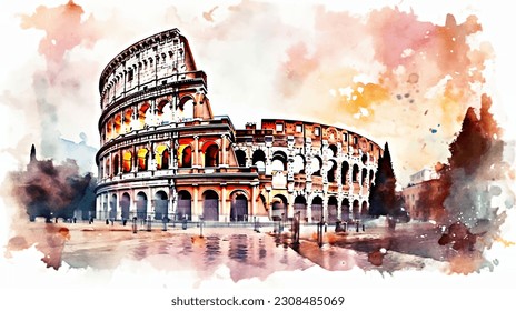 italy, rome watercolor, watercolor painting, colosseum