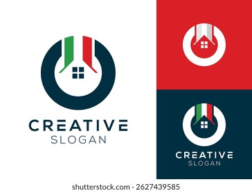 Italy roof logo. Italian flag with roof and letter O or circle logo design