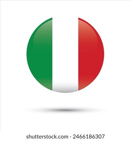 Italy round flag with 3d look and shine on the flag. Italian round flag on white background isolated vector illustration and shadow under flag.