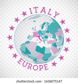 Italy round logo. Badge of country with map of Italy in world context. Country sticker stamp with globe map and round text. Awesome vector illustration.
