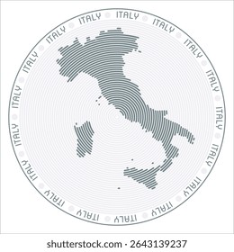 Italy round logo design. Country shape built of rings. Italy text around the country. Vector Illustration.
