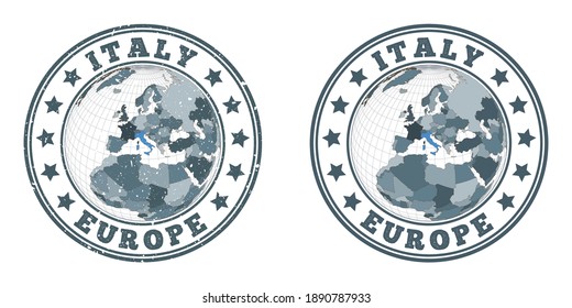 Italy round logos. Circular badges of country with map of Italy in world context. Plain and textured country stamps. Vector illustration.