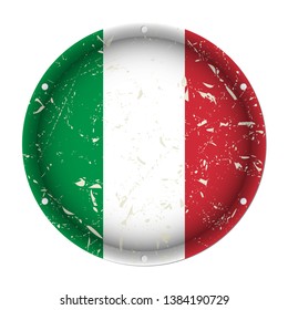 Italy - round metallic scratched flag with six screw holes in front of a white background