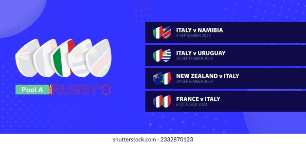 Italy rugby national team schedule matches in group stage of international rugby competition. Vector set.