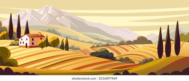 Paisagem rural italiana. Belos campos e prados, montanhas e colinas deslumbrantes, ciprestes altos e arbustos, uma casa de campo. Ilustração vetorial de natureza italiana.