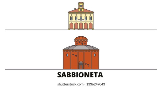 Italy, Sabbioneta flat landmarks vector illustration. Italy, Sabbioneta line city with famous travel sights, design skyline. 