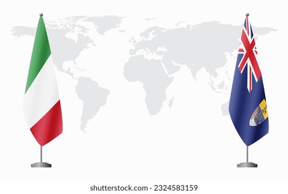 Italy and Saint Helena flags for official meeting against background of world map.