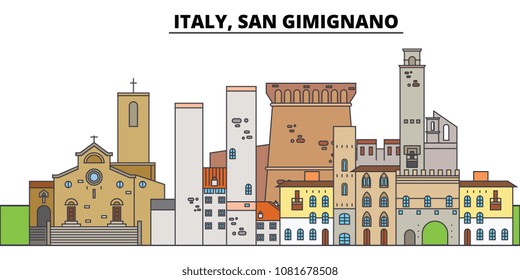 Italy, San Gimignano. City skyline, architecture, buildings, streets, silhouette, landscape, panorama, landmarks. Editable strokes. Flat design line vector illustration concept. Isolated icons