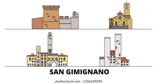 Italy, San Gimignano flat landmarks vector illustration. Italy, San Gimignano line city with famous travel sights, design skyline. 