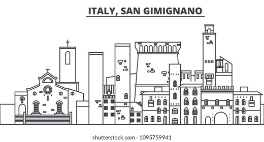 Italy, San Gimignano line skyline vector illustration. Italy, San Gimignano linear cityscape with famous landmarks, city sights, vector landscape. 