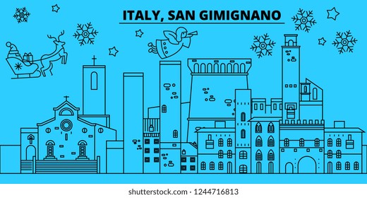 Italy, San Gimignano winter holidays skyline. Merry Christmas, Happy New Year decorated banner with Santa Claus.Italy, San Gimignano linear christmas city vector flat illustration