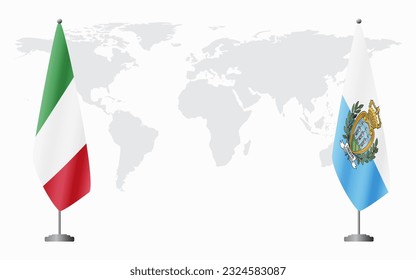 Italy and San Marino flags for official meeting against background of world map.