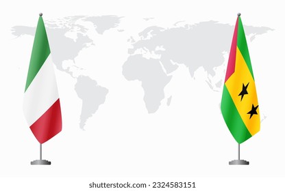 Italy and Sao Tome and Principe flags for official meeting against background of world map.