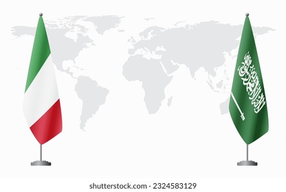 Italy and Saudi Arabia flags for official meeting against background of world map.