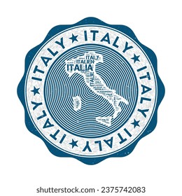 Italy seal. Country round logo with shape of Italy and country name in multiple languages word cloud. Attractive emblem. Charming vector illustration.