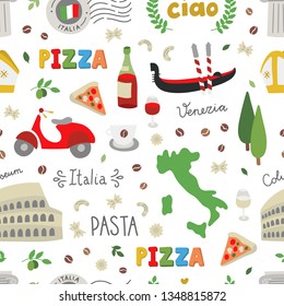 Italy seamless vector pattern. Cute Italian background with different icons and symbols: food, architecture, lettering
