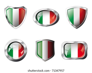 Italy set shiny buttons and shields of flag with metal frame - vector illustration. Isolated abstract object against white background.