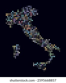 Italy, shape of the country build of colored cells. Digital style map of the Italy on dark background. Small size circle blocks. Stylish vector illustration.