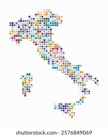 Italy, shape of the country built of colored cells. Digital style map of Italy on a white background. Small size square blocks. Creative vector illustration.