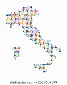 Italy, shape of the country built of colored cells. Digital style map of Italy on a white background. Small size circle blocks. Amazing vector illustration.