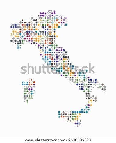 Italy, shape of the country built of colored cells. Digital style map of Italy on a white background. Small size circle blocks. Amazing vector illustration.