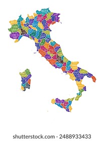 Italy shape with a country word cloud showing region division. Colored vector illustration.