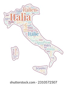 Italy shape filled with country name in many languages. Italy map in wordcloud style. Charming vector illustration.