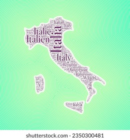 Italy shape formed by country name in multiple languages. Italy border on stylish striped gradient background. Vibrant poster. Charming vector illustration.