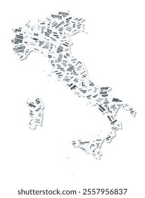 Italy shape text cloud. Country border with shadow on white background. Italy with regions division in vintage gazette style. Modern vector illustration.