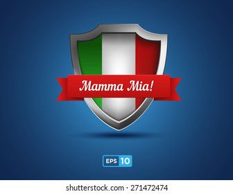 Italy shield with red ribbon buon appetito on the blue background