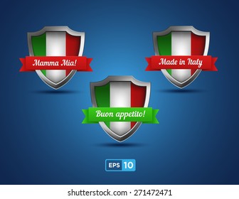 Italy shields with red and green ribbons on the blue background