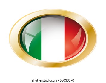 Italy shiny button flag with golden ring vector illustration. Isolated abstract object against white background.