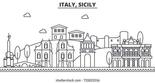 Italy, Sicily architecture line skyline illustration. Linear vector cityscape with famous landmarks, city sights, design icons. Landscape wtih editable strokes