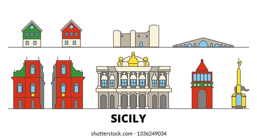 Italy, Sicily flat landmarks vector illustration. Italy, Sicily line city with famous travel sights, design skyline. 