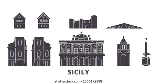 Italy, Sicily flat travel skyline set. Italy, Sicily black city vector illustration, symbol, travel sights, landmarks.