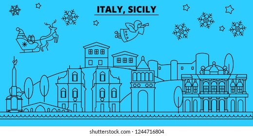 italy, Sicily winter holidays skyline. Merry Christmas, Happy New Year decorated banner with Santa Claus.italy, Sicily linear christmas city vector flat illustration