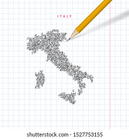 Italy sketch scribble map drawn on checkered school notebook paper background. Hand drawn vector map of Italy. Realistic 3D pencil.