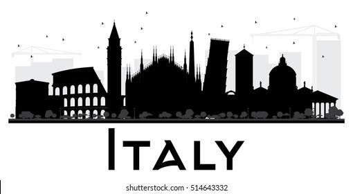 Italy skyline black and white silhouette. Vector illustration. Simple flat concept for tourism presentation, banner, placard or web site. Business travel concept. Cityscape with landmarks.