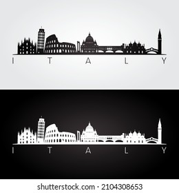 Italy skyline and landmarks silhouette, black and white design, vector illustration.